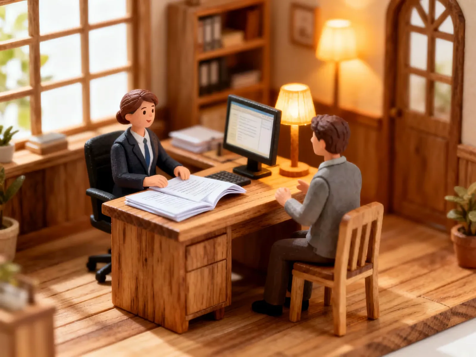 Ufficio in miniatura: consulente e cliente alla scrivania con documenti e computer